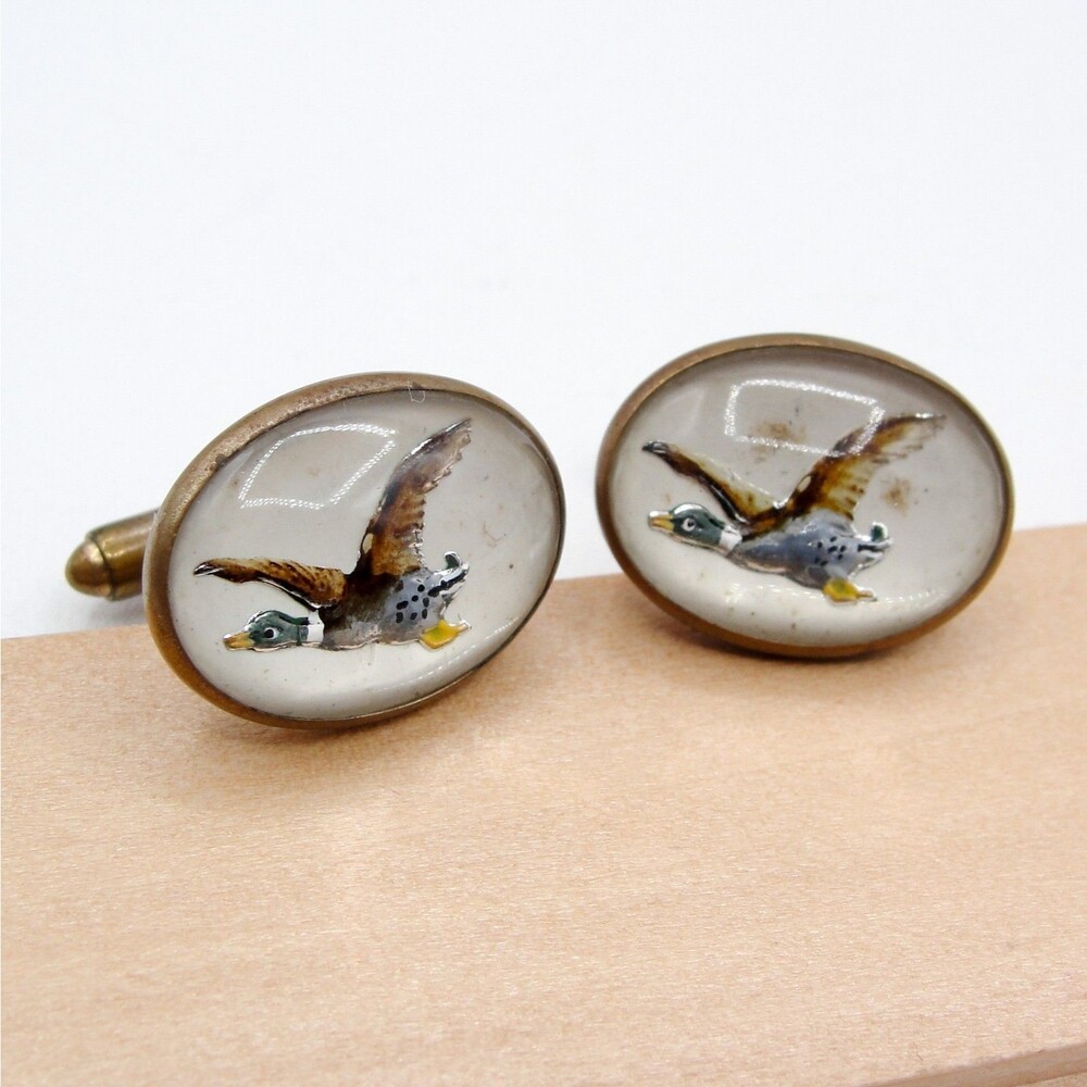Vintage Hallcroft Cufflinks Reverse Carved Painted Intaglio Mallard Duck Flying